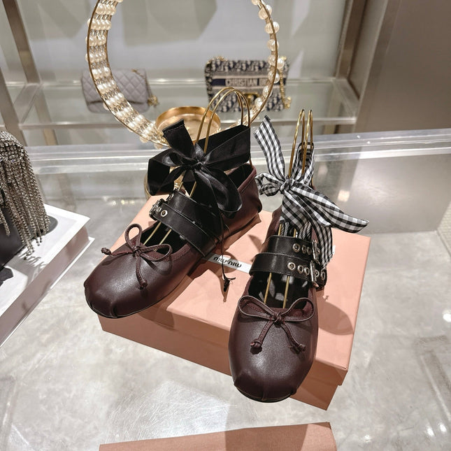 MIUMIU 26S SLINGBACK BALLET FLATS IN DARK BROWN CALFSKIN AND BLACK STRAP RIBBON