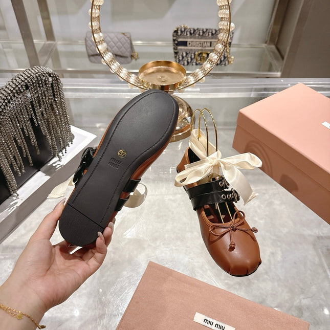 MIUMIU 26S SLINGBACK BALLET FLATS IN CARAMEL BROWN CALFSKIN AND BLACK STRAP RIBBON