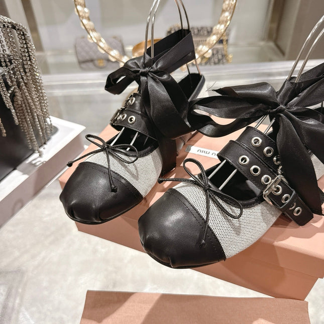 MIUMIU 26S SLINGBACK BALLET FLATS IN BLACK CALFSKIN AND BEIGE CANVAS RIBBON