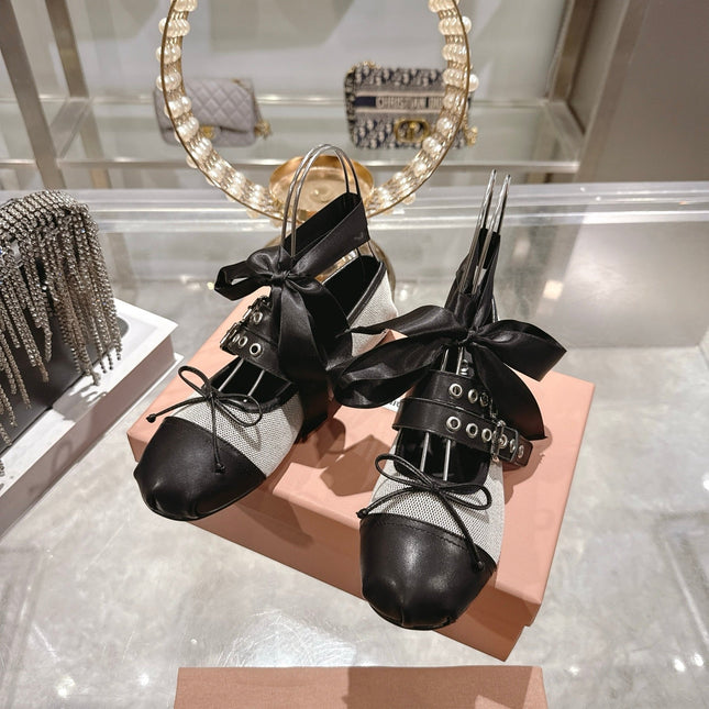 MIUMIU 26S SLINGBACK BALLET FLATS IN BLACK CALFSKIN AND BEIGE CANVAS RIBBON