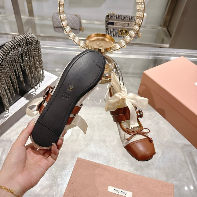 MIUMIU 26S SLINGBACK BALLET FLATS IN BROWN CALFSKIN AND BEIGE CANVAS RIBBON