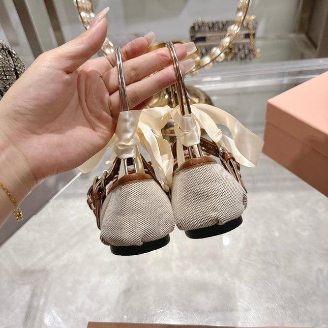 MIUMIU 26S SLINGBACK BALLET FLATS IN BROWN CALFSKIN AND BEIGE CANVAS RIBBON