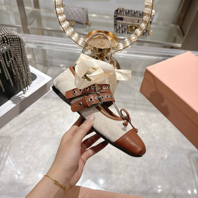 MIUMIU 26S SLINGBACK BALLET FLATS IN BROWN CALFSKIN AND BEIGE CANVAS RIBBON