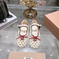 MIUMIU 26S MARY JANE BALLET FLATS IN WHITE CROCHET KNIT AND RED TRIM