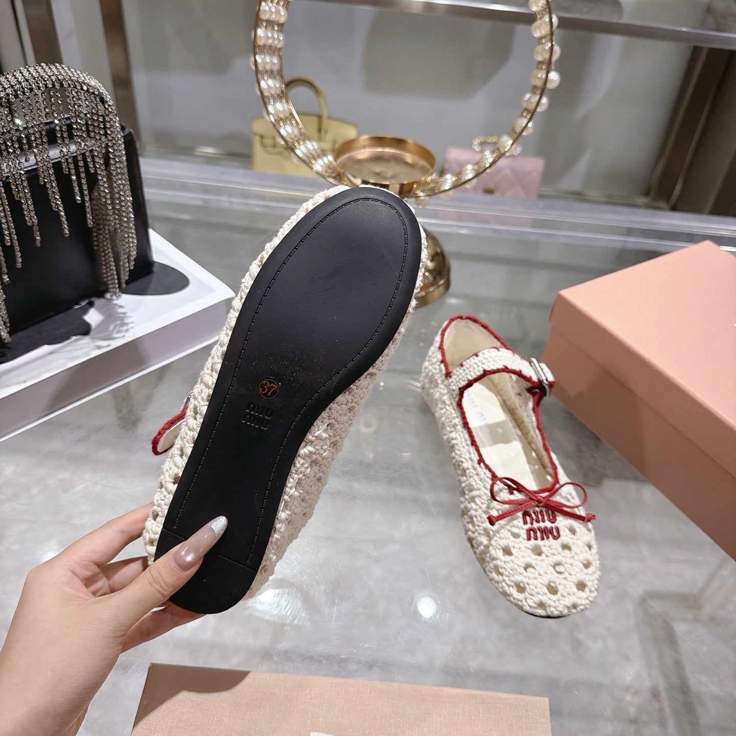 MIUMIU 26S MARY JANE BALLET FLATS IN WHITE CROCHET KNIT AND RED TRIM