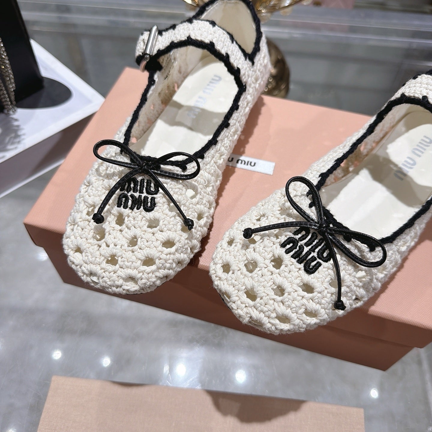 MIUMIU 26S MARY JANE BALLET FLATS IN WHITE CROCHET KNIT