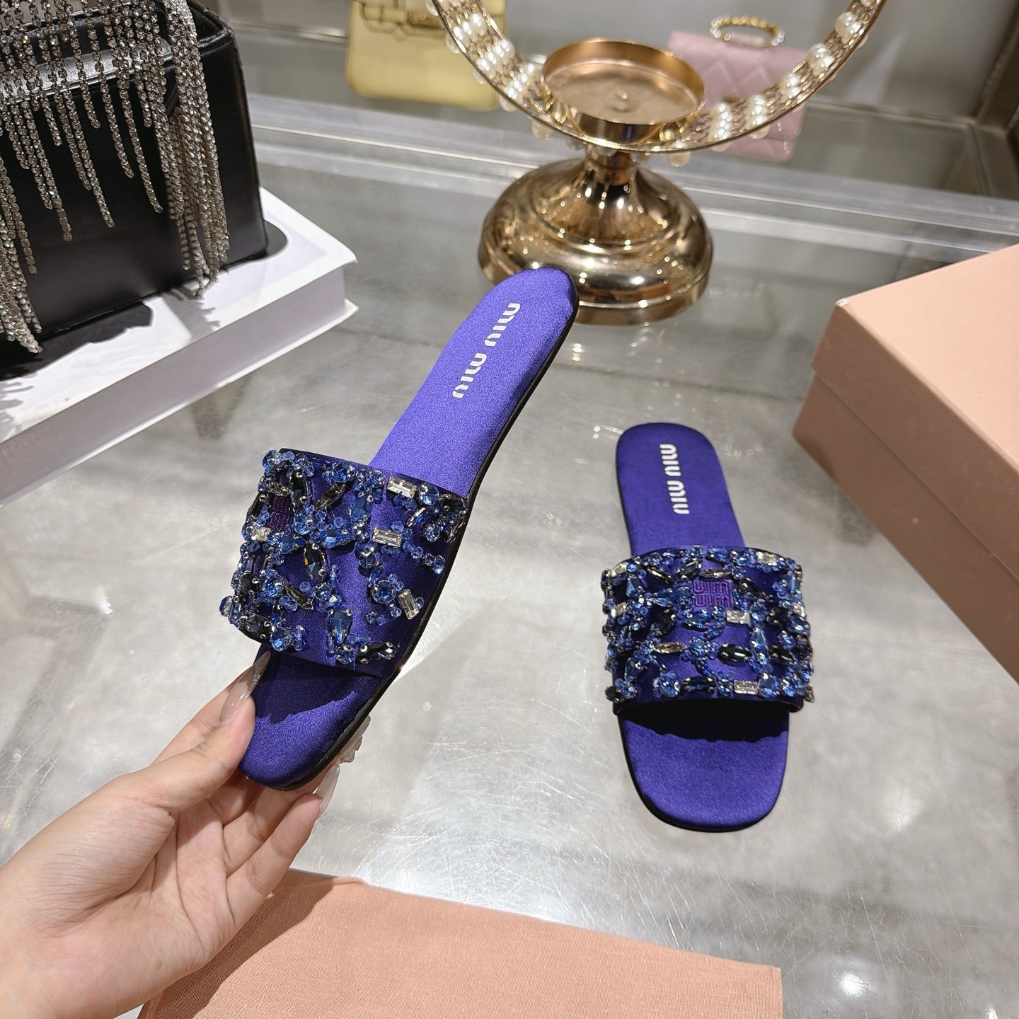 MIUMIU 26S SANDALS IN PURPLE EMBELLISHED SILK