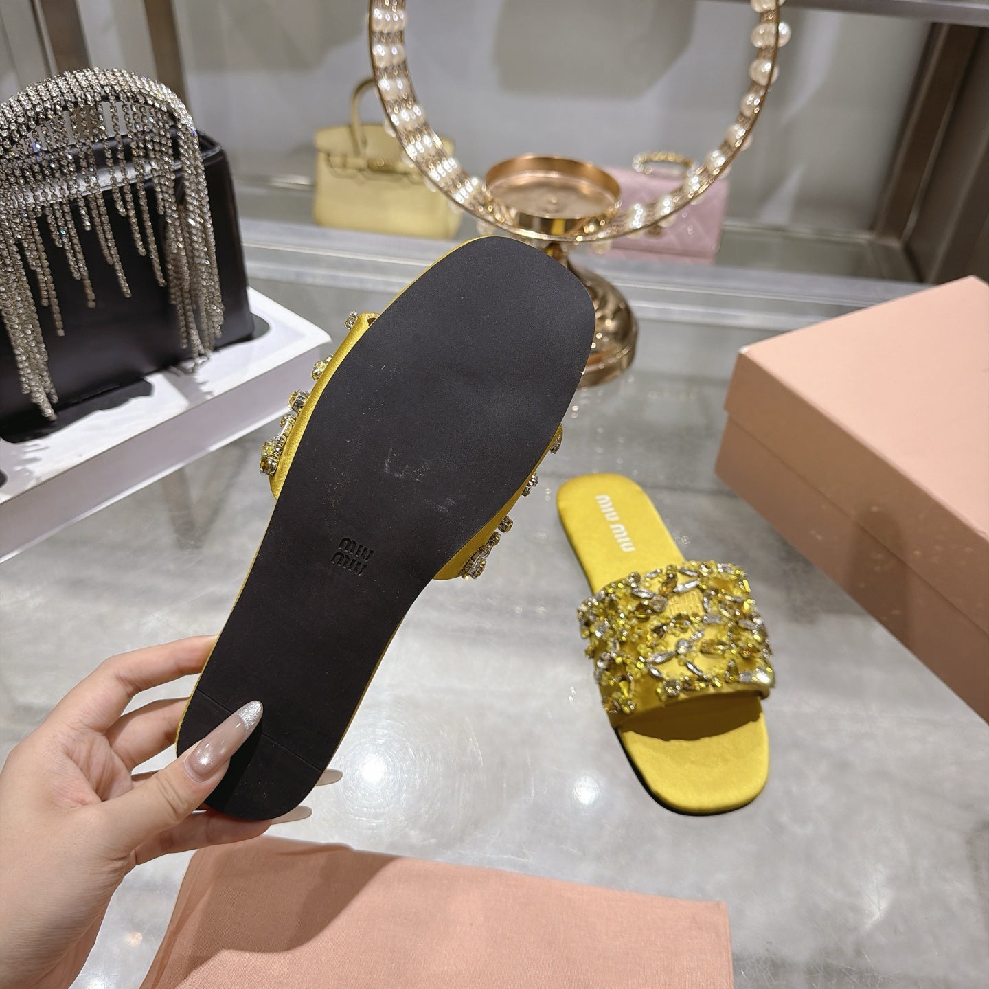 MIUMIU 26S SANDALS IN YELLOW EMBELLISHED SILK