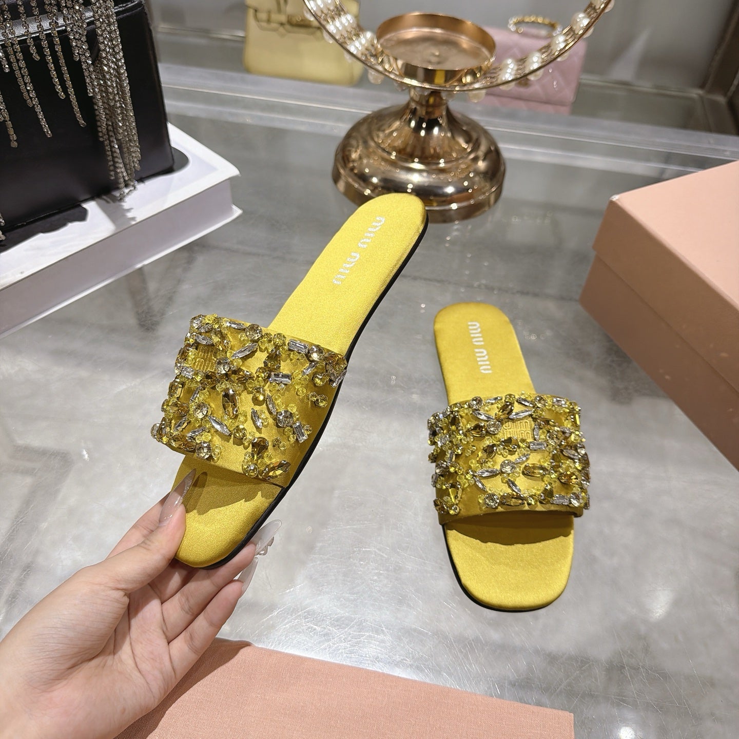 MIUMIU 26S SANDALS IN YELLOW EMBELLISHED SILK