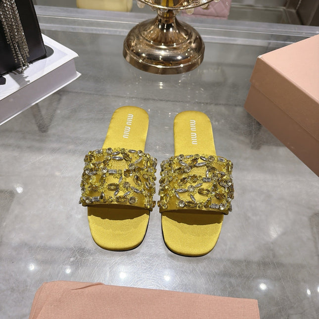 MIUMIU 26S SANDALS IN YELLOW EMBELLISHED SILK