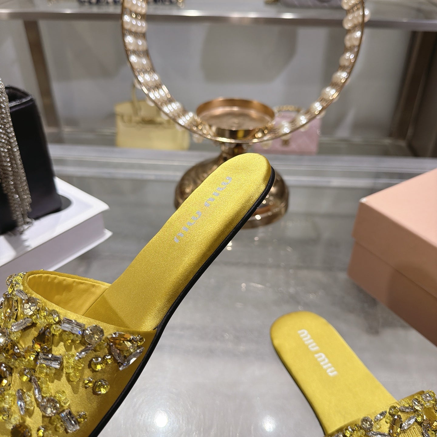 MIUMIU 26S SANDALS IN YELLOW EMBELLISHED SILK