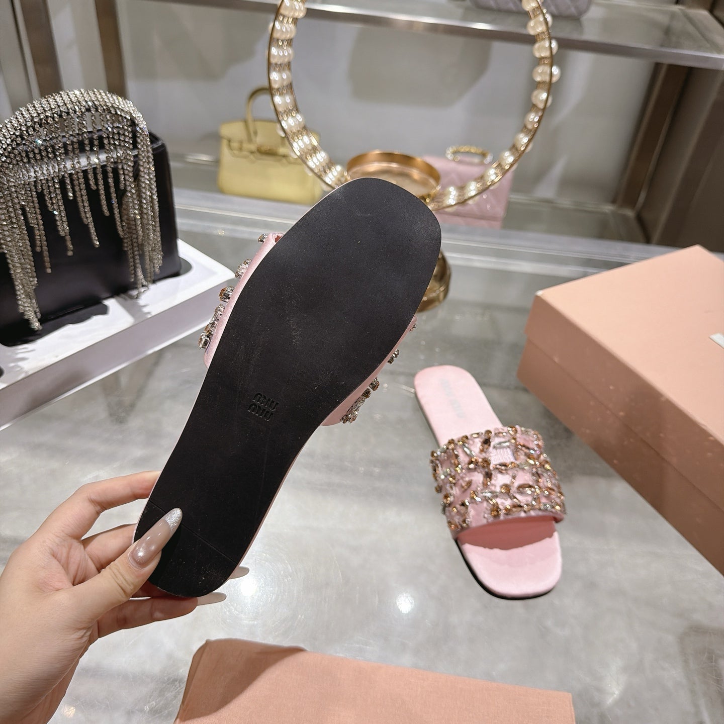 MIUMIU 26S SANDALS IN PINK EMBELLISHED SILK