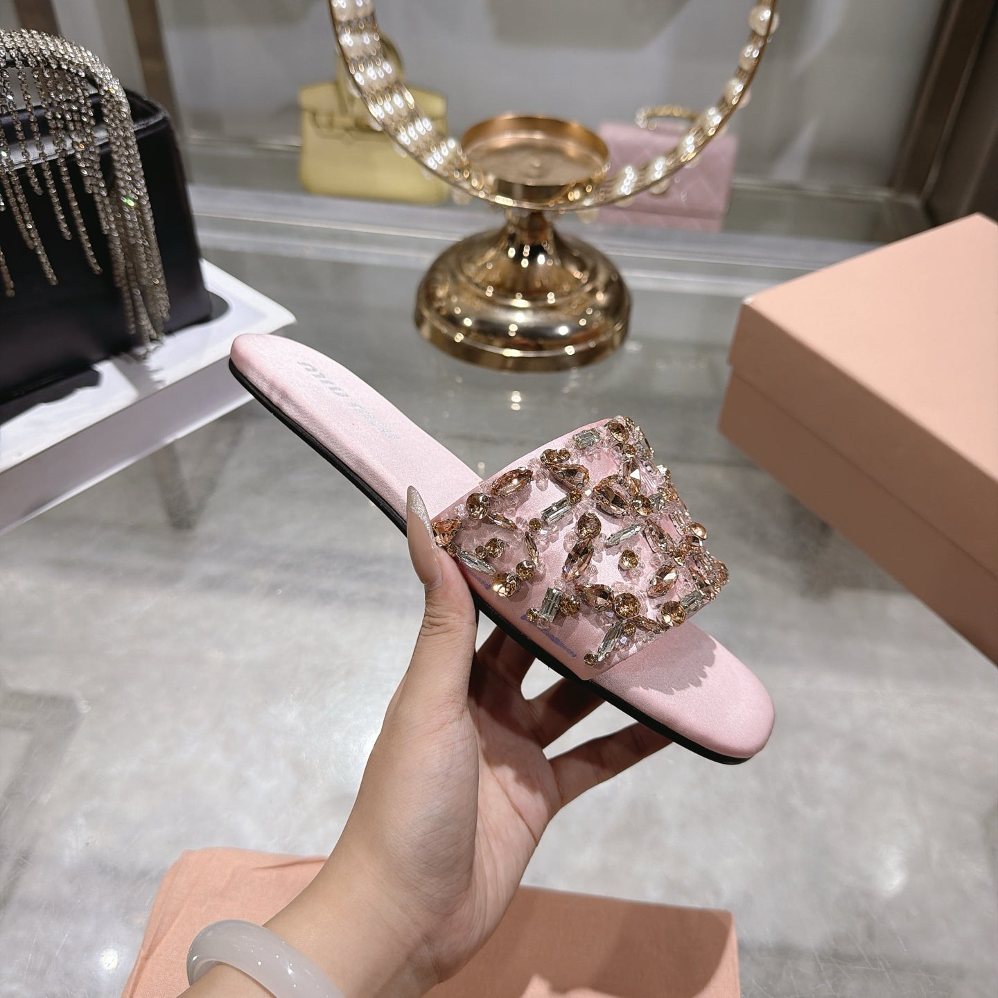 MIUMIU 26S SANDALS IN PINK EMBELLISHED SILK