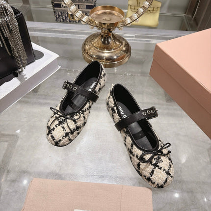 MIUMIU 26S MARY JANE FLATS IN BLACK AND BEIGE TWEED FABRIC