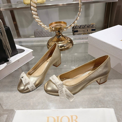 DIOR 26S BLOCK HEEL PUMPS 35MM IN GOLD CALFSKIN WITH FRONT BOW