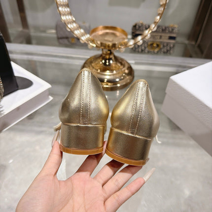 DIOR 26S BLOCK HEEL PUMPS 35MM IN GOLD CALFSKIN WITH FRONT BOW