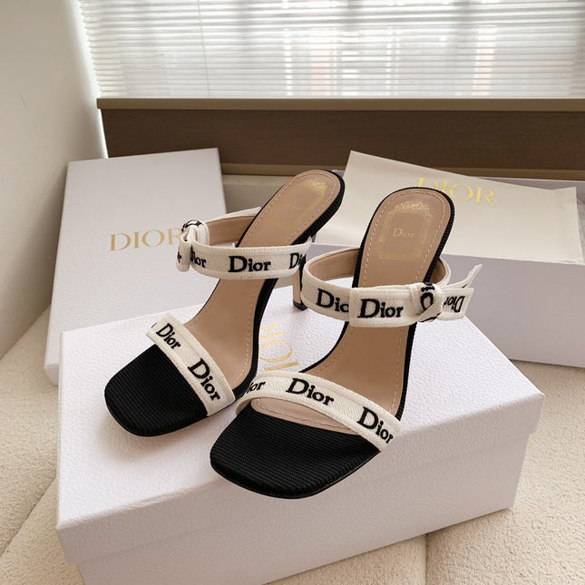 DIOR HEELED SANDALS 100MM WITH J'ADIOR STRAPS IN BLACK CALFSKIN