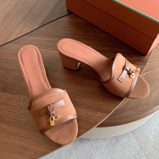 LP 26S SUMMER MULE HEELS 60MM IN DUSTY ROSE BROWN CANVAS AND CALFSKIN GOLD HARDWARE