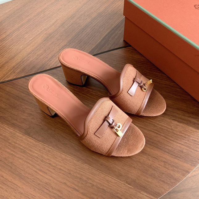 LP 26S SUMMER MULE HEELS 60MM IN DUSTY ROSE BROWN CANVAS AND CALFSKIN GOLD HARDWARE