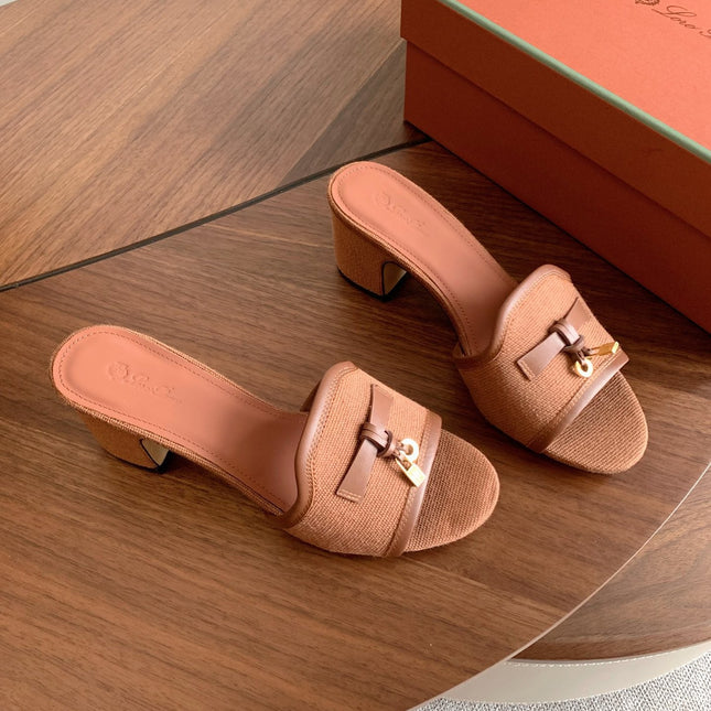 LP 26S SUMMER MULE HEELS 60MM IN DUSTY ROSE BROWN CANVAS AND CALFSKIN GOLD HARDWARE