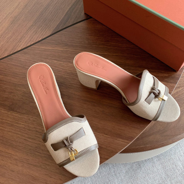 LP 26S SUMMER MULE HEELS 60MM IN BEIGE CANVAS AND TAUPE BROWN CALFSKIN GOLD HARDWARE