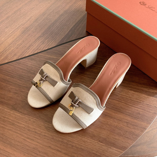 LP 26S SUMMER MULE HEELS 60MM IN BEIGE CANVAS AND TAUPE BROWN CALFSKIN GOLD HARDWARE