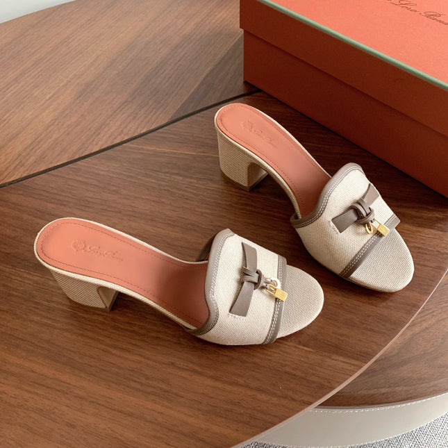 LP 26S SUMMER MULE HEELS 60MM IN BEIGE CANVAS AND TAUPE BROWN CALFSKIN GOLD HARDWARE