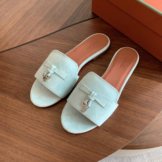 LP 26S SUMMER CHARMS SLIDES IN MINT BLUE SUEDE SILVER HARDWARE