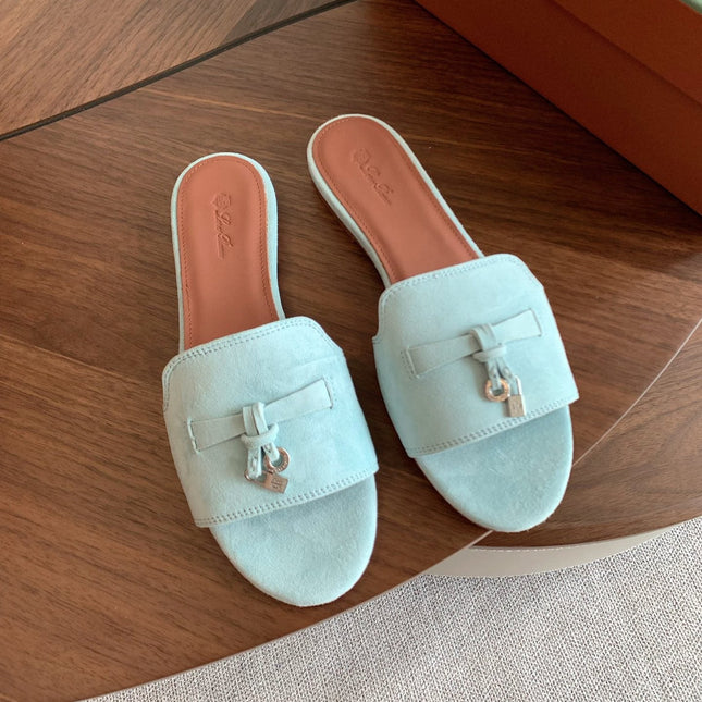 LP 26S SUMMER CHARMS SLIDES IN MINT BLUE SUEDE SILVER HARDWARE