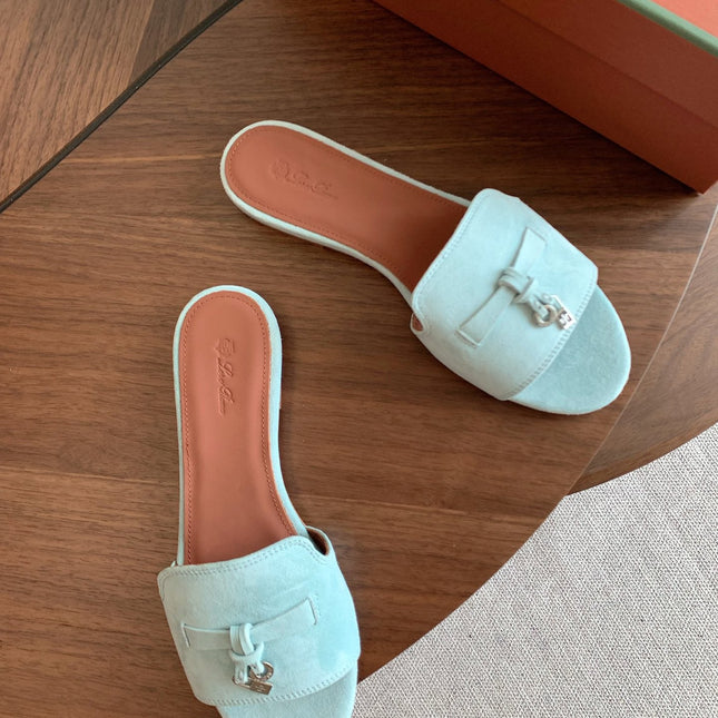 LP 26S SUMMER CHARMS SLIDES IN MINT BLUE SUEDE SILVER HARDWARE