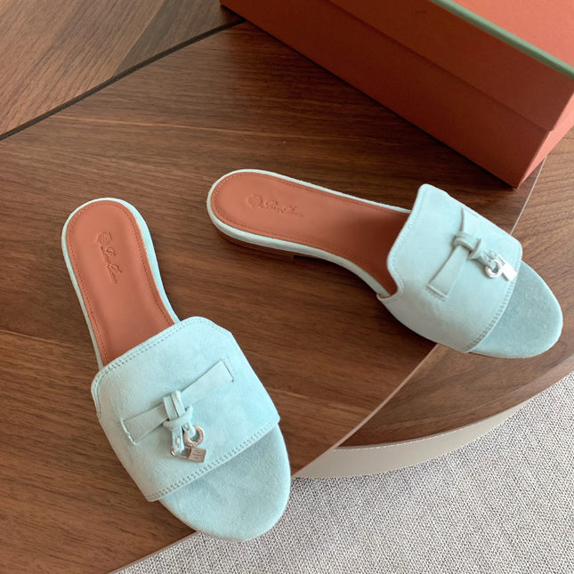 LP 26S SUMMER CHARMS SLIDES IN MINT BLUE SUEDE SILVER HARDWARE