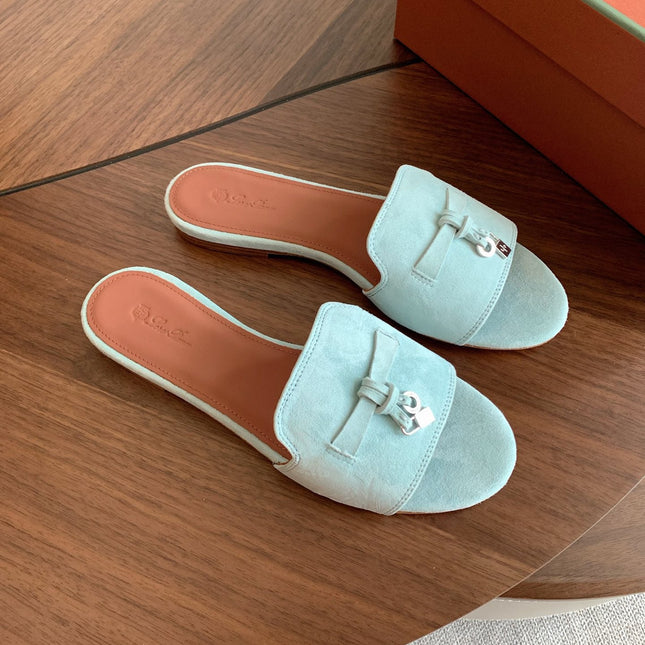 LP 26S SUMMER CHARMS SLIDES IN MINT BLUE SUEDE SILVER HARDWARE
