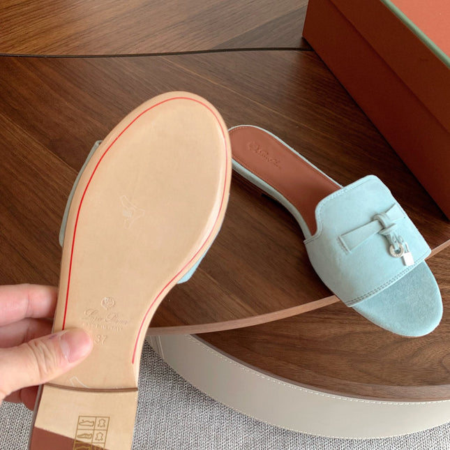 LP 26S SUMMER CHARMS SLIDES IN MINT BLUE SUEDE SILVER HARDWARE