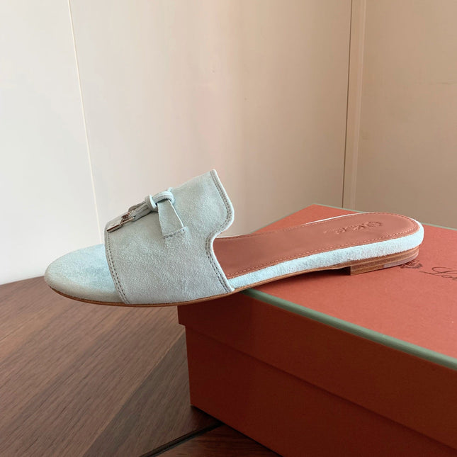 LP 26S SUMMER CHARMS SLIDES IN MINT BLUE SUEDE SILVER HARDWARE