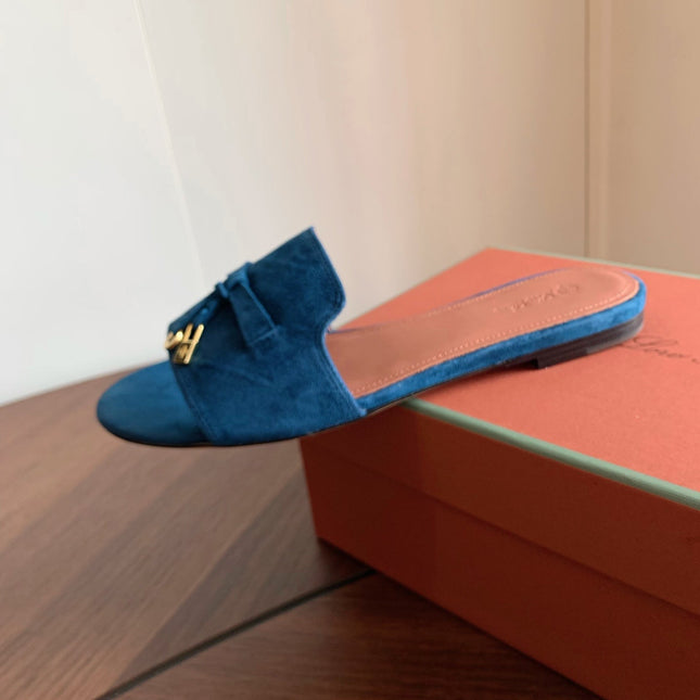 LP 26S SUMMER CHARMS SLIDES IN DARK BLUE SUEDE GOLD HARDWARE