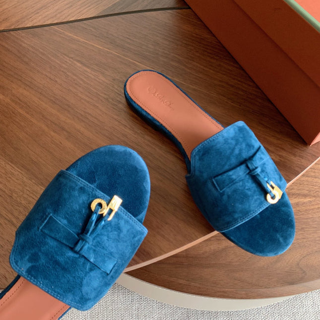 LP 26S SUMMER CHARMS SLIDES IN DARK BLUE SUEDE GOLD HARDWARE