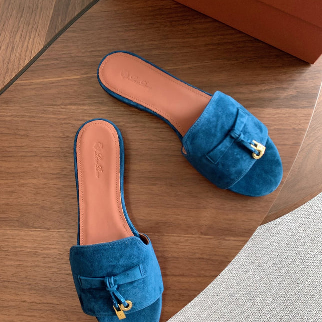 LP 26S SUMMER CHARMS SLIDES IN DARK BLUE SUEDE GOLD HARDWARE
