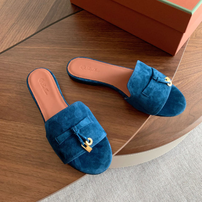 LP 26S SUMMER CHARMS SLIDES IN DARK BLUE SUEDE GOLD HARDWARE