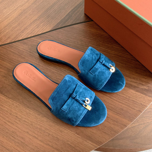 LP 26S SUMMER CHARMS SLIDES IN DARK BLUE SUEDE GOLD HARDWARE
