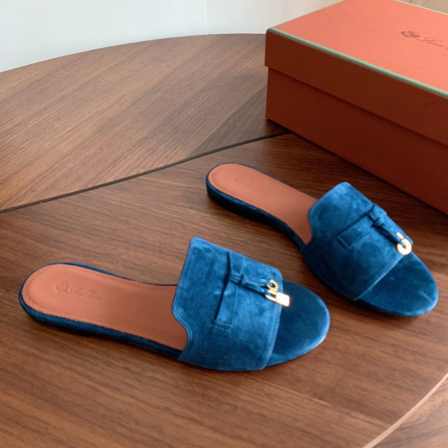 LP 26S SUMMER CHARMS SLIDES IN DARK BLUE SUEDE GOLD HARDWARE