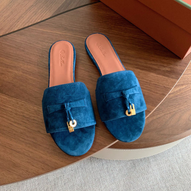 LP 26S SUMMER CHARMS SLIDES IN DARK BLUE SUEDE GOLD HARDWARE
