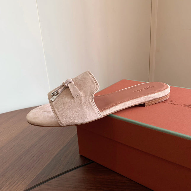 LP 26S SUMMER CHARMS SLIDES IN LIGHT GREY SUEDE GOLD HARDWARE