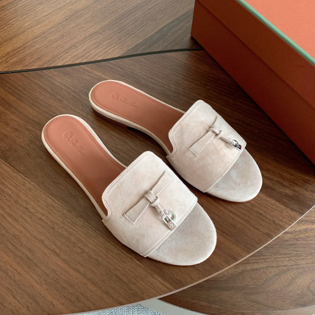 LP 26S SUMMER CHARMS SLIDES IN LIGHT GREY SUEDE GOLD HARDWARE