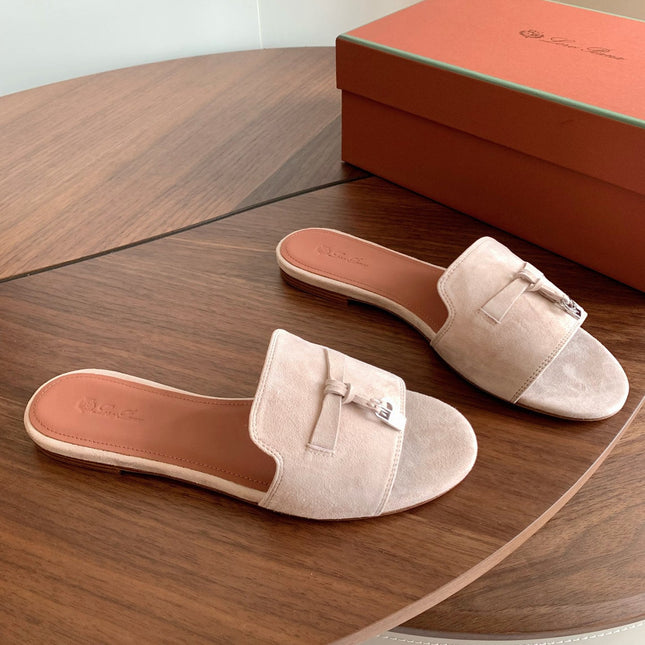 LP 26S SUMMER CHARMS SLIDES IN LIGHT GREY SUEDE GOLD HARDWARE