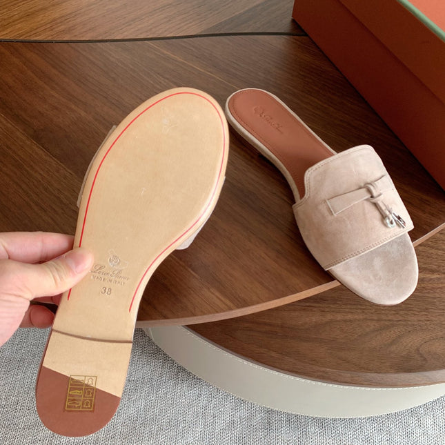 LP 26S SUMMER CHARMS SLIDES IN LIGHT GREY SUEDE GOLD HARDWARE