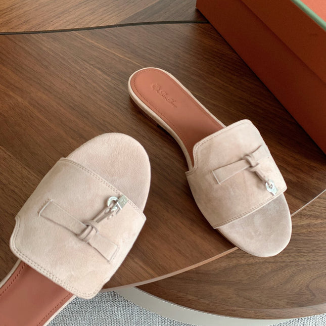 LP 26S SUMMER CHARMS SLIDES IN LIGHT GREY SUEDE GOLD HARDWARE