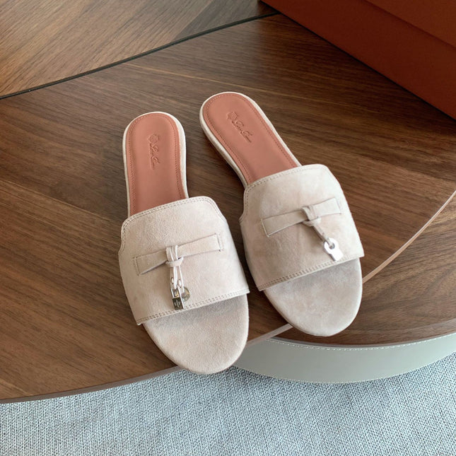 LP 26S SUMMER CHARMS SLIDES IN LIGHT GREY SUEDE GOLD HARDWARE