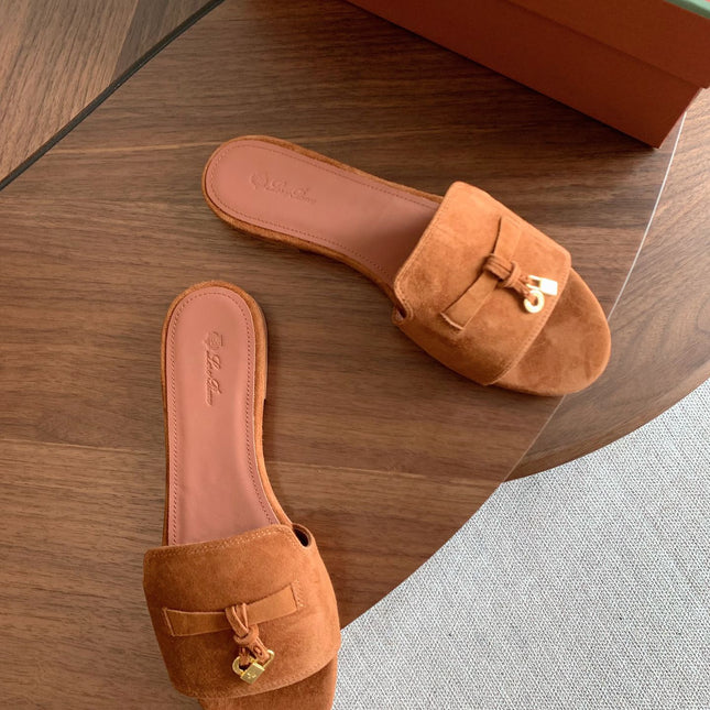 LP 26S SUMMER CHARMS SLIDES IN CARAMEL BROWN SUEDE GOLD HARDWARE
