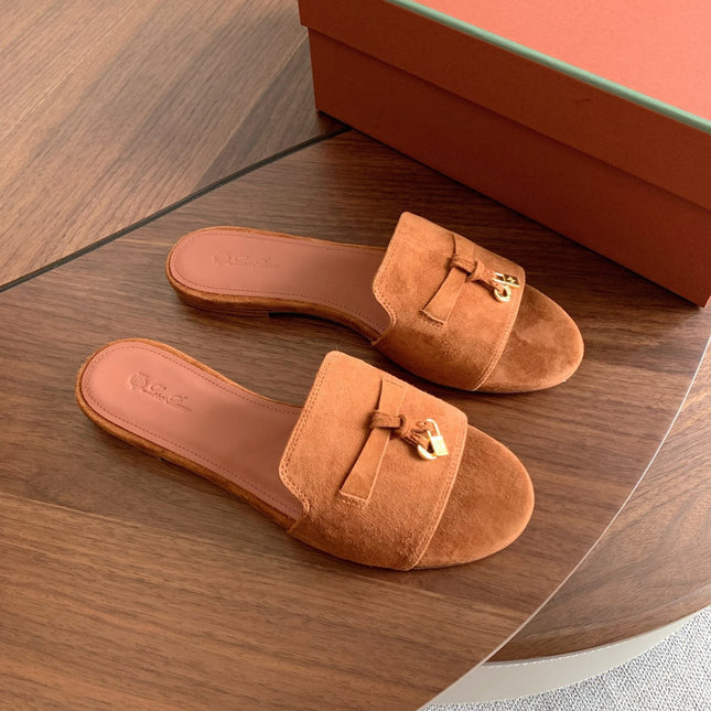LP 26S SUMMER CHARMS SLIDES IN CARAMEL BROWN SUEDE GOLD HARDWARE