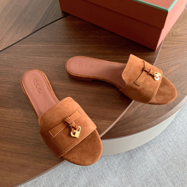 LP 26S SUMMER CHARMS SLIDES IN CARAMEL BROWN SUEDE GOLD HARDWARE